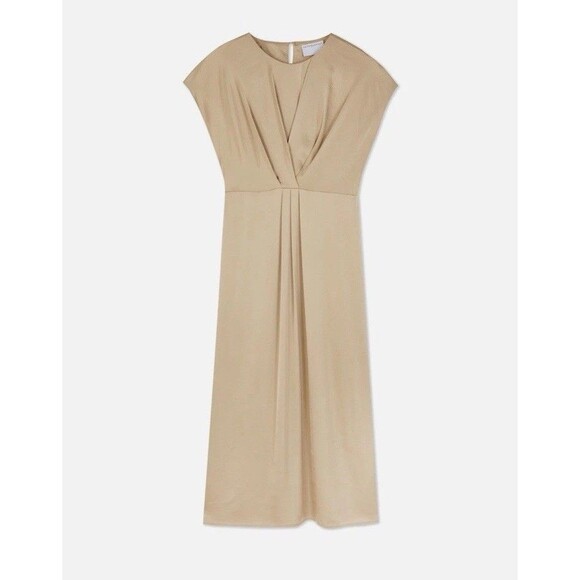 Golden-Beige Satin-like Midi V-neckline Short Sleeves Stretch Dress Sz XS Fits S - Picture 1 of 16